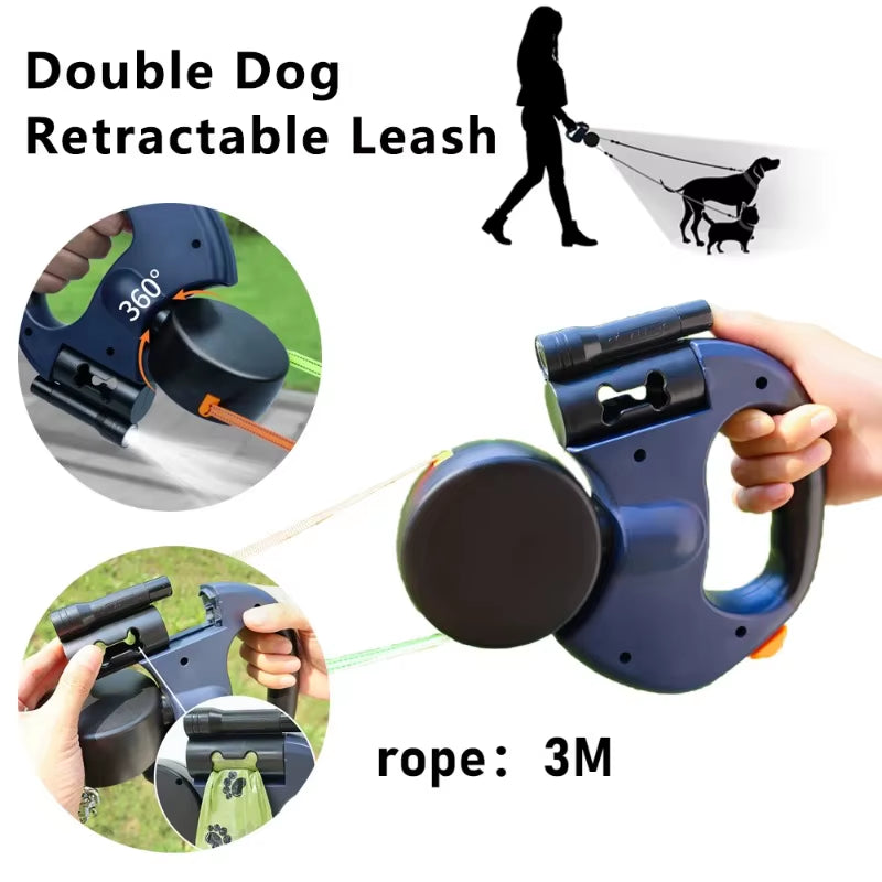 Retractable Dual Doggie Leash with LED Light, 360 Swivel No Tangle for Each Dog Independent Braking with 3M Reflective Leads